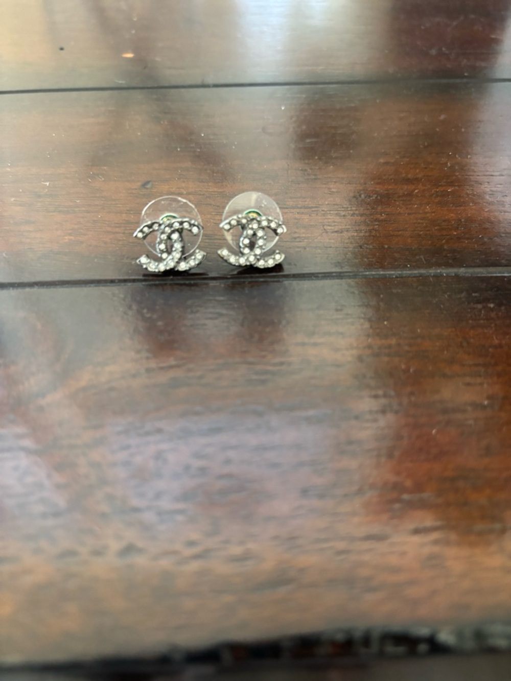 CHANEL Silver-Tone Crystal CC Stud Earrings